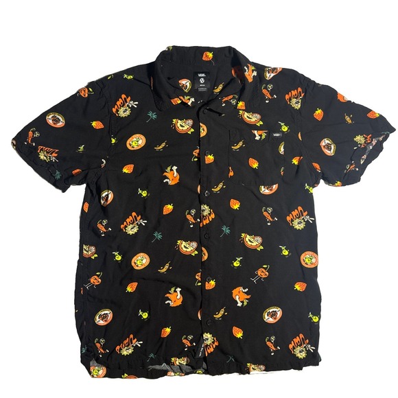 Vans Other - Vans Men's Black Short Sleeve Button-Up, Fruit Sticker Pattern, Size Medium